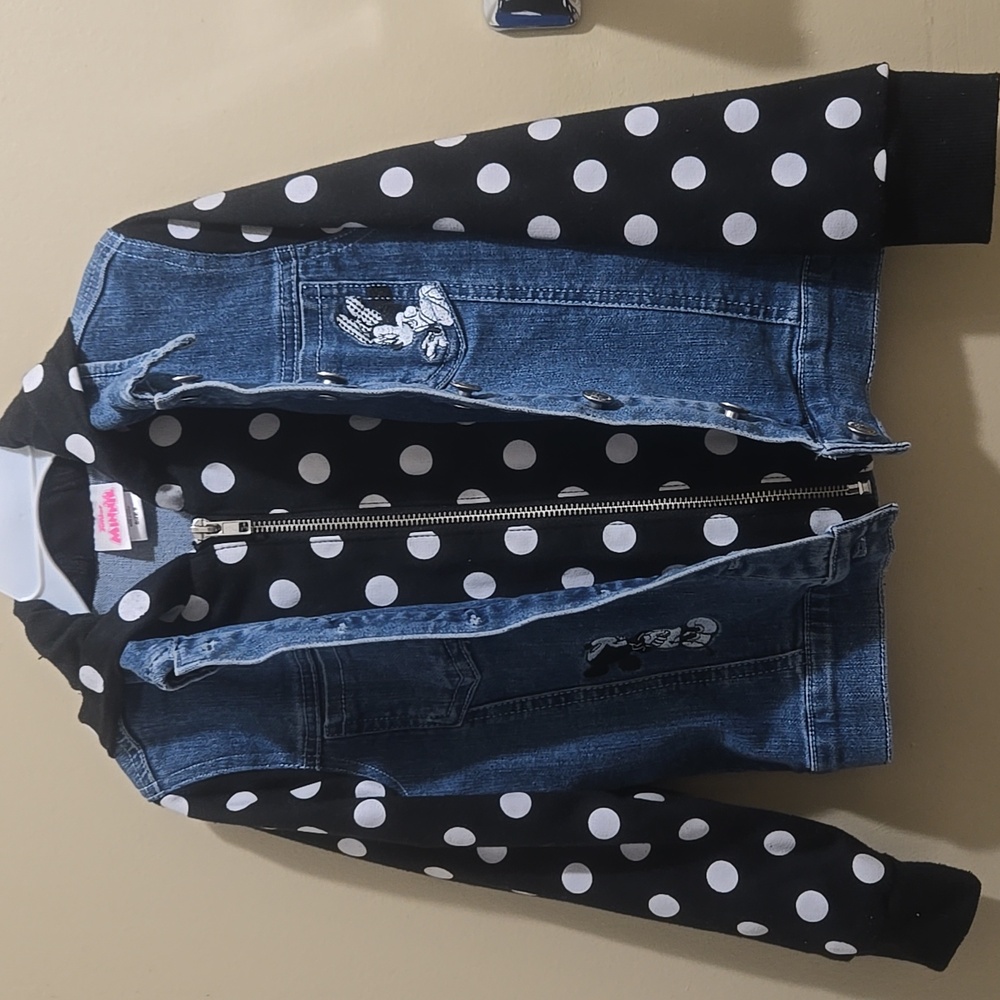 Disney Junior Minnie Girls Denim Jacket with Polka Dot Sleeves